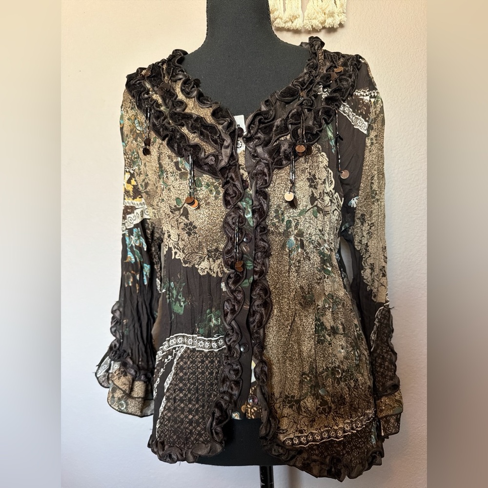 dressbarn Brown and Black Ruffle-Trim Floral Blouse